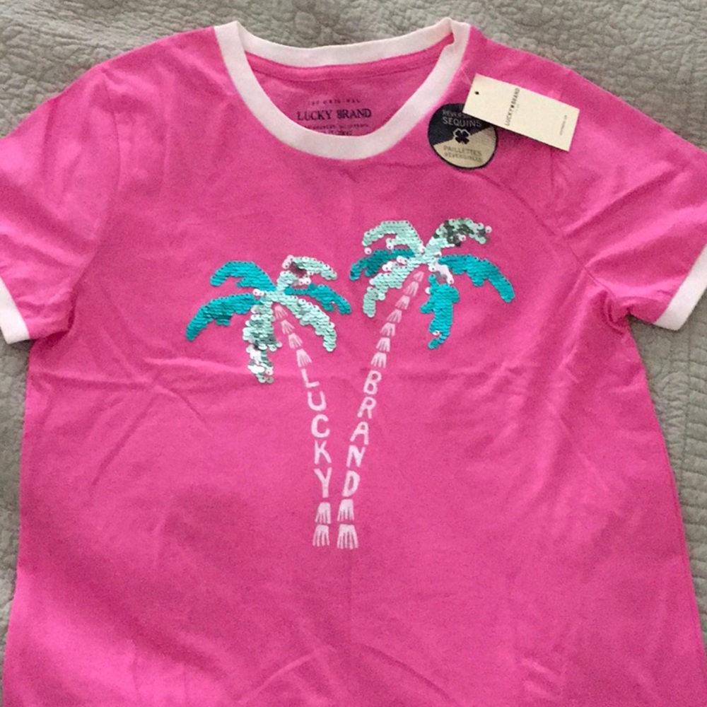 NWT Lucky Brand Girl’s Flip Sequin T-shirt, pink with palm trees